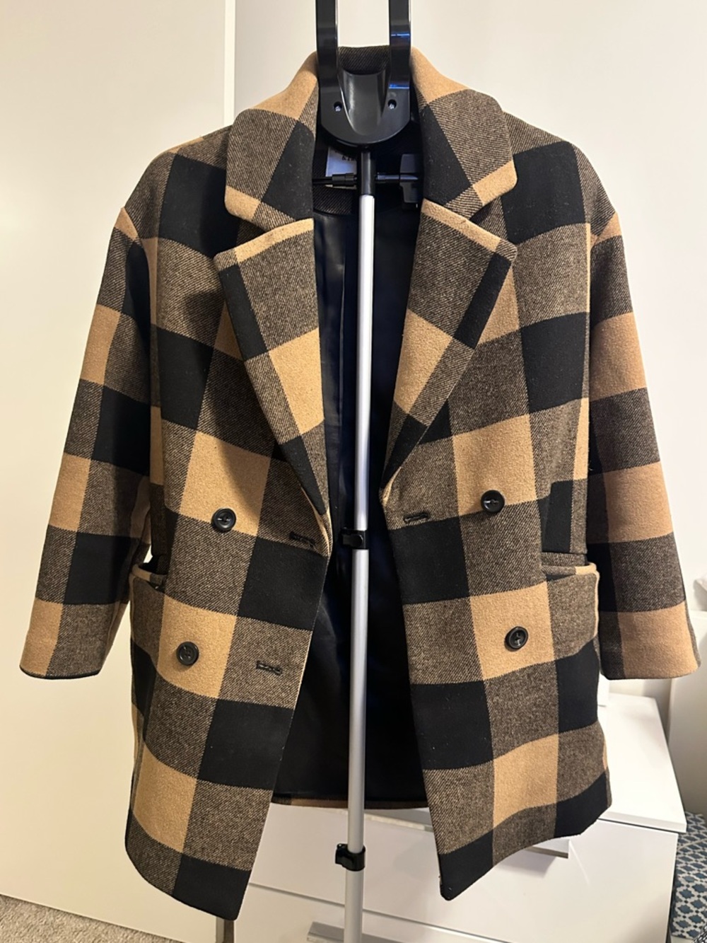 Abercrombie & Fitch XXSP Plaid Coat Peacoat Black Tan Brown Oversized Women's